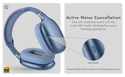 TJ Active Noise Cancelling Bluetooth Over Ear Headphones | Supersoft Leather Wireless Headset Wired Built-in MIC 24H Playtime High Res Audio Travel/Work/School/Students/Running/Gym (Blue) - color: Blue