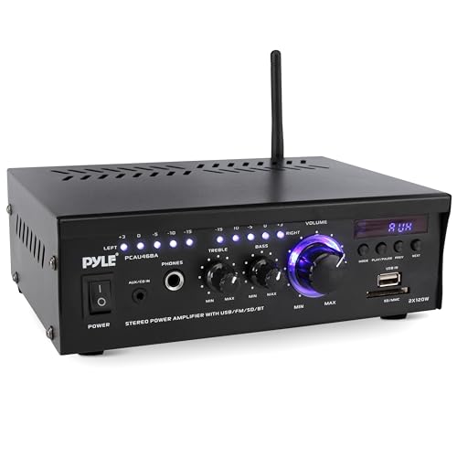 Pyle Bluetooth Computer Speaker Amplifier - 2x120 Watt Home Stereo Power Amplifier Home Audio Receiver System W/Blue Led Display, USB/SD, AUX, RCA, Headphone Jack - Remote - PCAU46BA.5