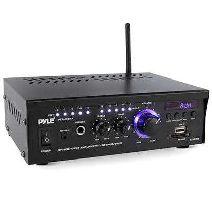 Pyle Bluetooth Computer Speaker Amplifier - 2x120 Watt Home Stereo Power Amplifier Home Audio Receiver System W/Blue Led Display, USB/SD, AUX, RCA, Headphone Jack - Remote - PCAU46BA.5