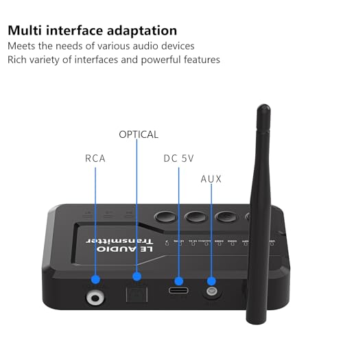 LE Audio Bluetooth 5.4 Transmitter for TV to Wireless Headphones, Auracast/Aptx Lossless/Adaptive Audio Bluetooth Adapter with AUX/RCA/Optical/Coaxial Audio Inputs, Plug n Play