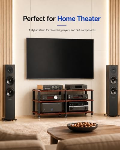 3 Tier Heavy Duty AV Media Stand, Stereo Stands and Racks, Teak | Audio Tower HIFI Rack Stereo Shelf 264 lb Load Capacity, vibration-dampening feet, open ventilation, Built for Hi-Fi systems - color: Teak, size: 3 tier