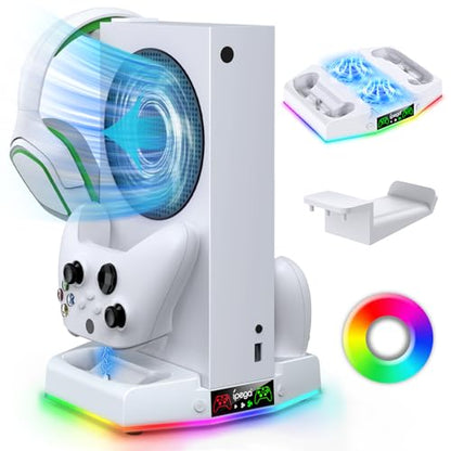 Upgraded Cooling Fan Stand for Xbox Series S with Charger Station | MENEEA Controller Charging Dock & Console Cooler System with 15 Colorful RGB Light & Headset Hook, Accessories for XSS