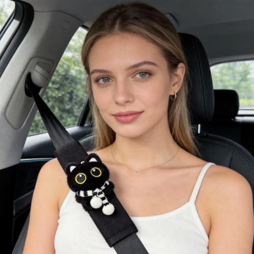 2 PCS Seat Belt Cover Pad, Cute Kawaii Animal Cat Soft Seatbelt Covers for Women, Seatbelt Cushion, Black Car Seat Strap Pads for Summer Spring (Black) - color: Black