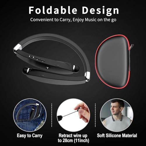Bluetooth Neckband Headphones, Dpvisn Foldable Wireless Lightweight Neck Headset with Retractable Earbuds, Noise Cancelling Sweatproof Stereo Earphones with Mic & Carrying Case (Black) - color: Black