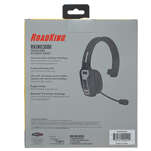 RoadKing Truck Driver Headset RKING3000 Noise Cancelling Bluetooth(R) Headset Wireless Trucker Headset w Mic Premium, Black