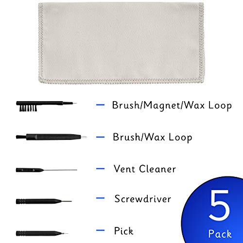 8 Piece Kit Hearing Aid Cleaning Tools and Earphone Earbuds Airpod Cleaner Kit – Includes Vent Cleaner, Steel Pick, Screw Driver, Brush and Wax Loop Microfiber Cloth and Hard Carrying Case