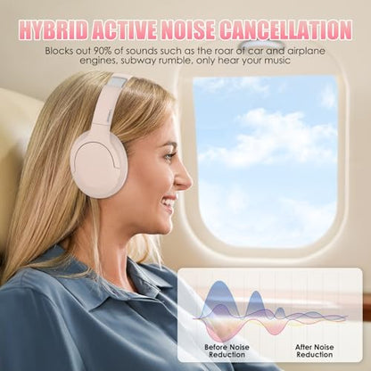 Active Noise Cancelling Headphones, Over-Ear Headphones Pink | Wireless Blutooth Headphones with100H Playtime, Built-in Microphone, Lightweight & Foldable, Deep Bass for Work/Gym/Travel - color: Pink