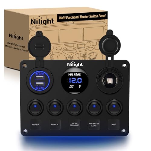 Nilight 5 Gang Multi-Function Rocker Switch Panel On Off SPST Toggle | 12V 12V/20A 24V/10A Dual USB Charger LED Voltmeter Cigarette Lighter for LED Light Bar Rear Rock Lights Trucks RV Boats 4X4 Blue - color: Blue