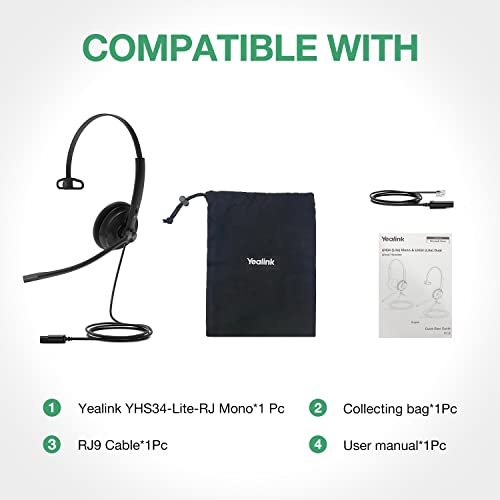 Yealink Phone Headsets for Office Phones YHS34 Lite QD to RJ9 Wired Headset Compatible with Poly Snom Grandstream Phones Desk Landline Headset with Microphone -Mono/68g/2.1m Cable - color: Foamy Ear Cushions, size: Mono