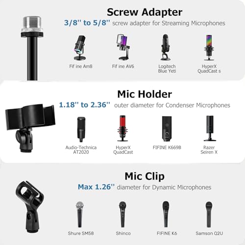 Microphone Stand Floor, Boom Mic Stand with Weighted Base | 45''-75'' Height Adjustable, 2 Clips & 3/8'' to 5/8'' Adapter Compatible with Blue Yeti HyperX QuadCast Shure SM58 - size: Mic Stand Floor