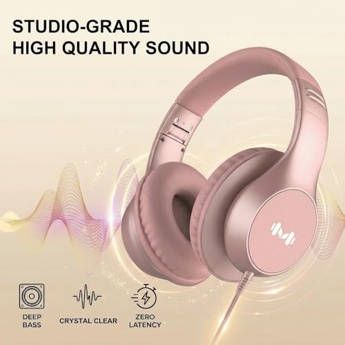 Wired Over-Ear Headphones, Mic, 3.5mm Jack, USB-C Adapter, Gold | Foldable over-ear headphones with soft cushions, inline mic, 3.5mm jack, and USB-C adapter for school, office, and travel. - color: Gold