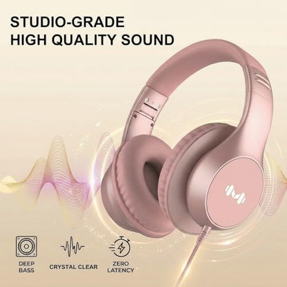 Wired Over-Ear Headphones, Mic, 3.5mm Jack, USB-C Adapter, Gold | Foldable over-ear headphones with soft cushions, inline mic, 3.5mm jack, and USB-C adapter for school, office, and travel. - color: Gold