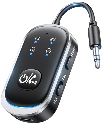 Bluetooth Transmitter Receiver, Wireless Bluetooth 5.3 Adapter | Dual Pairs for AirPods, All Headphones, Use with 3.5mm Aux Audio Jack on Airplane, Home/Car Stereo, Gym, iPad/Tablets