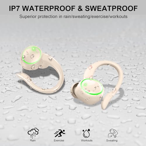 Matast Wireless Earbuds, Bluetooth Headphones Sports, Deep Bass Earphones Gym Running, IP7 Waterproof Headset with Earhook Workout, 50H Playback Over-Ear Buds with ENC Noise Cancelling Mic - color: Pale yellow