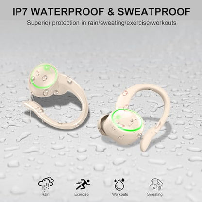 Matast Wireless Earbuds, Bluetooth Headphones Sports, Bass Fitness Earphones Gym Running, IP7 Waterproof Headset with Earhook Workout, Playback Over-Ear Buds with ENC Noise Cancelling Mic - color: Mickey White