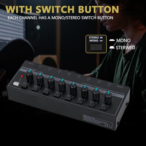 Headphone Amplifier 8 Channel, Stereo Headphone Amp with 9 Pcs 6.35mm to 3.5mm Jack, Metal Portable Studio Headphone Amp Splitter, Headphone Mixer with Mono and Stereo for Recording Studios - size: 8