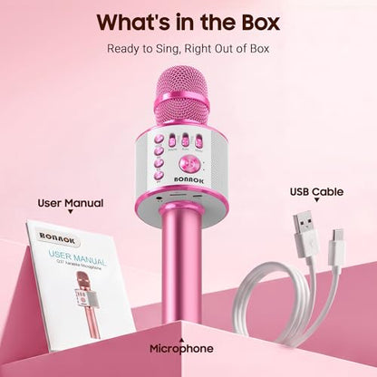 BONAOK Wireless Bluetooth Karaoke Microphone,3-in-1 Portable Handheld Karaoke Mic Speaker Machine Home Party Birthday for All Smartphones PC（Light Pink） - color: Light Pink