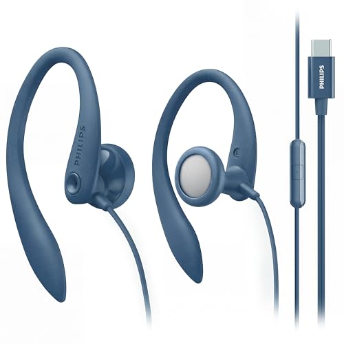 Philips USB-C Wired Earbuds with Microphone, Secure Fit Over-Ear Sport Earhooks, Deep Bass 15mm Drivers, in-Line Controls, Plug-and-Play USB-C Earphones, Wired Open Ear Headphones for Running & Gym - color: Blue, style: USB-C WITH MIC
