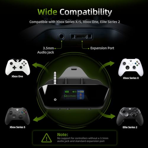 Bluetooth Adapter for Xbox Controllers with 2.4GHz Wireless MIC | for Xbox One/Series XIS/Elite 2, Use AirPods & Wireless Headphones, Low Latency, Dual OLED Display, Noise Cancellation, 13H