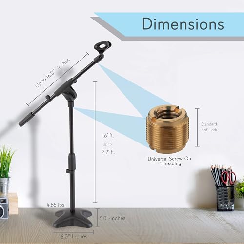Pyle Universal Compact Microphone Stand - Mic Mount Holder Height Adjustment 19.0” to 26.0” Inch and Telescoping Boom Extension Adjustable Up to 16.0'' w/ Knob Style Tension Lock Mechanism - PMKS7.5