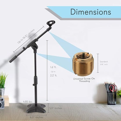 Pyle Universal Compact Microphone Stand - Mic Mount Holder Height Adjustment 19.0” to 26.0” Inch and Telescoping Boom Extension Adjustable Up to 16.0'' w/ Knob Style Tension Lock Mechanism - PMKS7.5