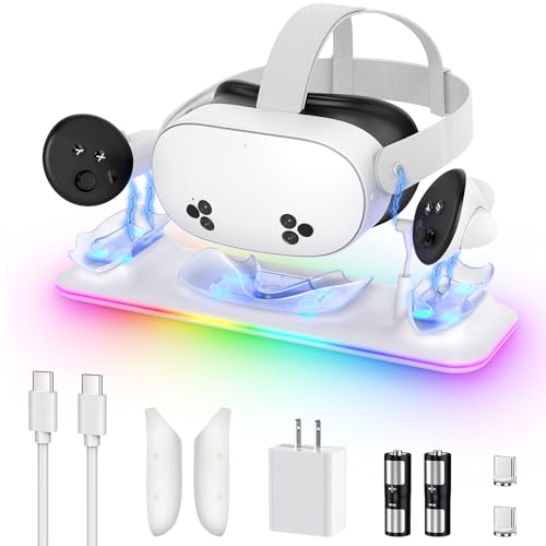 18W VR Charging Dock for Meta Quest 3S/Quest 3 Headset & Controller | Fast Magnetic VR Charging Station Stand for Oculus 3S/3 Accessories, RGB Light, 2 Rechargeable Batteries & Controller Covers - color: White