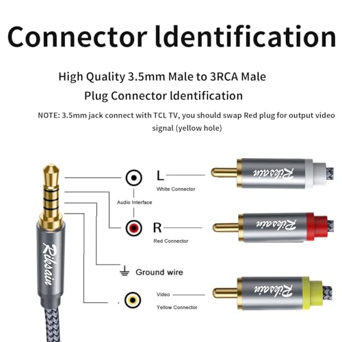 3.5mm to 3 RCA Audio Video Cable, 6.6FT/2M 3.5mm to 3-Male RCA Adapter Stereo AUX Cord AV Cable for MP3, Camcorders, Tablet, Speaker, Home Theater, DVD Player & More (Grey) - size: 6.6 ft