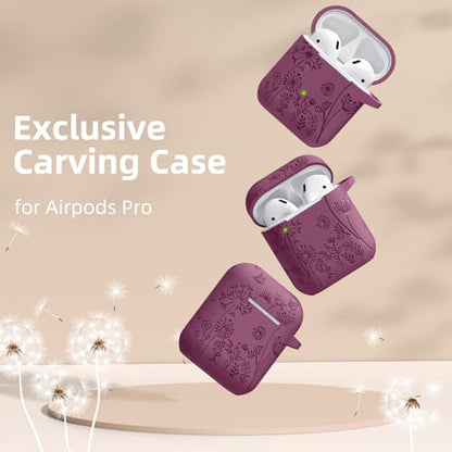 Lerobo for AirPod Case 2nd/1st Generation with Keychain | Flower Engraved Soft Silicone Cover for AirPods 2 Case, Wireless Charging, Shockproof, One-piece Design, Easy to Clean - color: Purplish Red