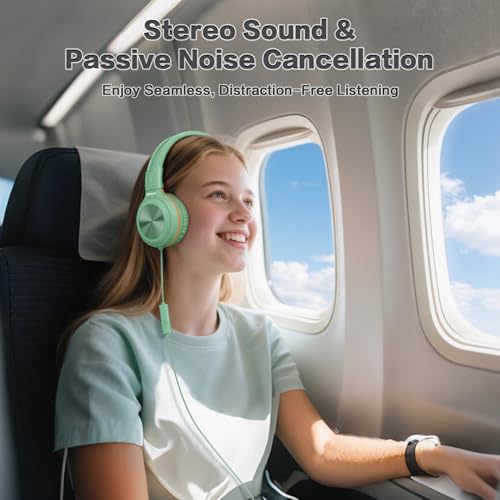 SIMOLIO 2 Pack Wired Headphones with Share Port, USB C to 3.5mm Dongle, MIC | Manyshare Series, 3-Level Volume Limiter, Passive Noise Cancelling, Foldable Over-Ear Headset for School Travel Adult iPad PC - color: Sleek Black & Fresh Green USB C&3.5mm