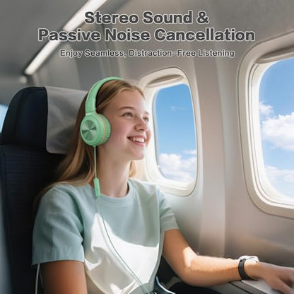 SIMOLIO 2 Pack Wired Headphones with Share Port, USB C to 3.5mm Dongle, MIC | Manyshare Series, 3-Level Volume Limiter, Passive Noise Cancelling, Foldable Over-Ear Headset for School Travel Adult iPad PC - color: Sleek Black & Fresh Green USB C&3.5mm