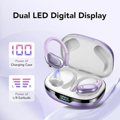 Ear buds Wireless Earbuds Bluetooth 5.3 Headphones 60hrs Playtime with Digital Display Sports Wireless Headphones with Earhook Deep Bass IPX7 Waterproof Over-Ear Earbuds for Android iOS Workout Purple - color: Purple