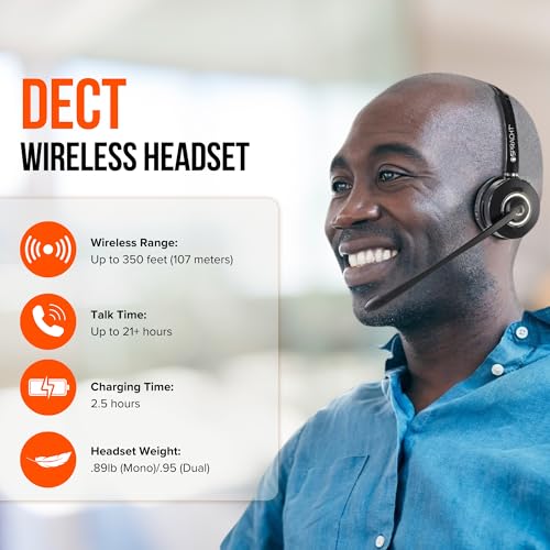 Spracht Wireless Headset - DECT Headset with Mic for Work, 350FT Range, 21 Hour Talk Time, Lightweight, Noise Cancellation, Ideal for Work from Home & Office Workers, Telephone Only (Dual Ear)