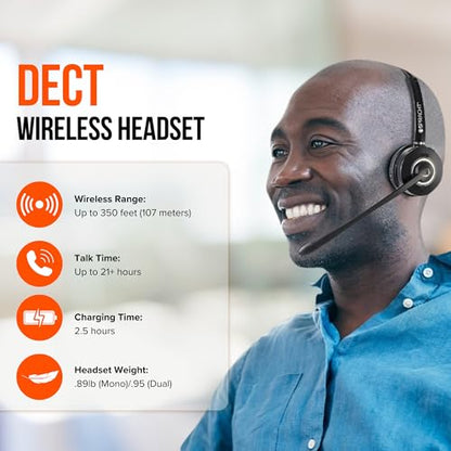 Spracht Wireless Headset - DECT Headset with Mic for Work, 350FT Range, 21 Hour Talk Time, Lightweight, Noise Cancellation, Ideal for Work from Home & Office Workers, Telephone Only (Dual Ear)