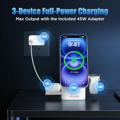25W 3 in 1 Wireless Charging Station for Apple&Samsung, Desk Night Stand | Includes 45W Adapter, Wireless Charger for MagSafe iPhone 17/16/15/14/13/12, Galaxy S25/S24/S23/S22, AirPods & Watch - color: White Color
