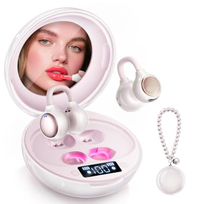 Open Ear Clip On Earbuds Wireless Headphones with Mirror(White) - color: White