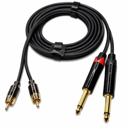 Dual 1/4 TS to Dual RCA Cable 6ft, OFC 24K Gold-Plated Multi-Layer Shielded Noise-Free Audio Interconnect for Home Studio, DJ Mixer, Amplifier – for Pioneer DJ, Yamaha, Focusrite Scarlett
