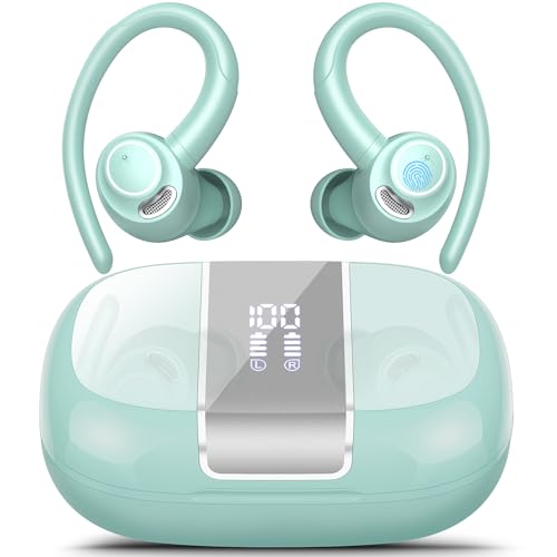 Wireless Earbuds with Earhook, 48H Deep Bass/ENC Mic Ear Buds Misty Blue | Wireless Earphone with LED Display, Bluetooth 5.3 Headphones In Ear, IPX7 Waterproof Over Ear Buds for Running/Workout - color: Misty Blue