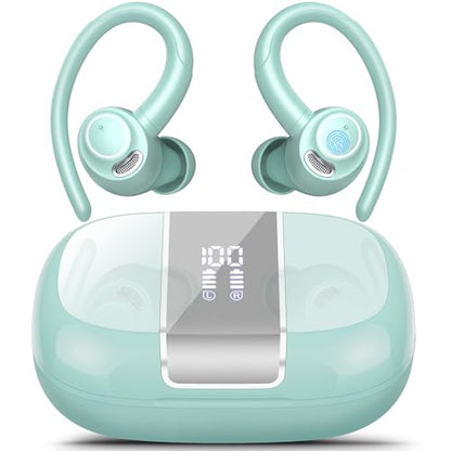 Wireless Earbuds with Earhook, 48H Deep Bass/ENC Mic Ear Buds Misty Blue | Wireless Earphone with LED Display, Bluetooth 5.3 Headphones In Ear, IPX7 Waterproof Over Ear Buds for Running/Workout - color: Misty Blue
