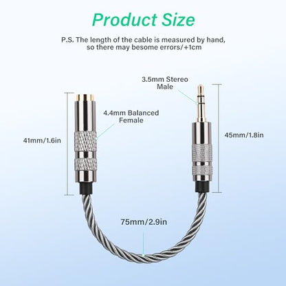 SinLoon 4.4mm Female to 3.5mm TRS Male Audio Adapter Cable, Gold Plated OFC Braided Converter, Balanced to Unbalanced for HiFi DAP Headphone Amplifier (Cool Grey)