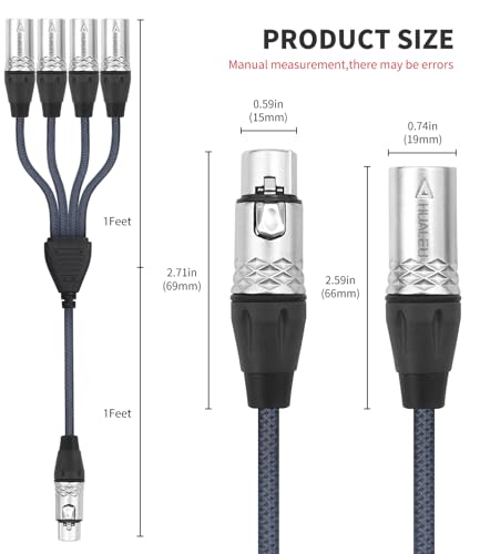 2Feet 3Pin XLR 1 Female to 4 Male Y Splitter Audio Cable,4Way-1 XLR Single Input to Four Output Parallel Connection Cable for Microphone, Audio Player, Power Amplifier, Mixing Console DMX - color: XLR 1F TO 4M-2FT