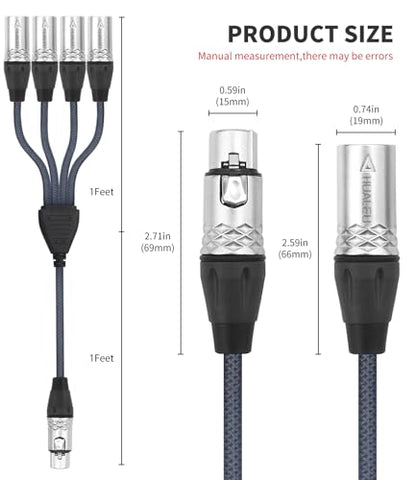 2Feet 3Pin XLR 1 Female to 4 Male Y Splitter Audio Cable,4Way-1 XLR Single Input to Four Output Parallel Connection Cable for Microphone, Audio Player, Power Amplifier, Mixing Console DMX - color: XLR 1F TO 4M-2FT