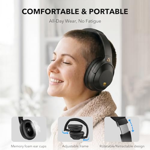 Bluetooth 6.0 Active Noise Cancelling Headphones for Airplane Travel, Black | LDAC Hi-Res Audio, 90H Playtime Wired and Wireless ANC Headphones, Over Ear Headset for Home Office, Custom EQ via APP - color: Black
