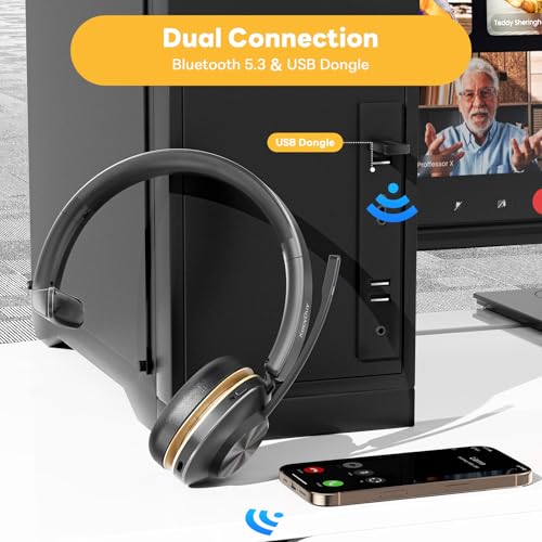 Bluetooth Headset, Wireless Headset with Mic for Work, Bluetooth 5.3, Wireless Headphones with AI Noise Cancelling Microphone (Clear Calls & Mic Mute), USB Dongle, for Computer/PC/Laptop/Zoom - color: Black
