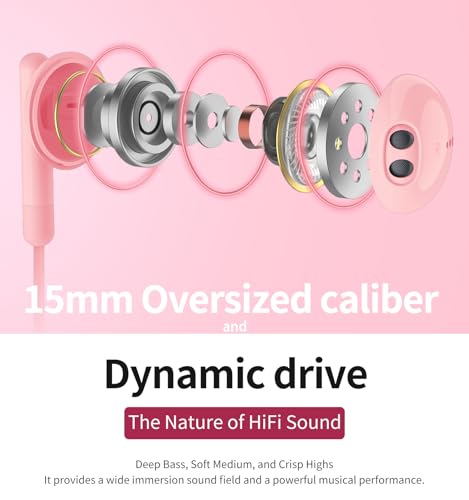 Kimwood Wired Earbuds with Microphone, Wired Earphones in-Ear Headphones HiFi Stereo, Powerful Bass and Crystal Clear Audio, Compatible with iPhone, Android, Computer Most with 3.5mm Jack - color: Pink, size: regular