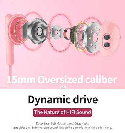 Kimwood Wired Earbuds with Microphone, Wired Earphones in-Ear Headphones HiFi Stereo, Powerful Bass and Crystal Clear Audio, Compatible with iPhone, Android, Computer Most with 3.5mm Jack - color: Pink, size: regular