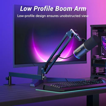 TONOR Dynamic Podcast Microphone, XLR/USB Mic for Recording, Streaming, XLR Cardioid Studio Mic with Quick Mute, Volume Control, 200 cm/78inch Cable, with RGB and Low Profile Boom Arm, Black, TD520S+