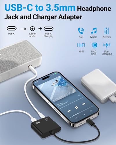 Seulliya USB C to 3.5mm Headphone Jack and Charger Adapter, 2-in-1 Audio & Fast Charging Splitter for Apple iPhone 17/16/15/Pro/Pro Max, iPad, Samsung, Pixel, and More 1Pack Black - color: Black