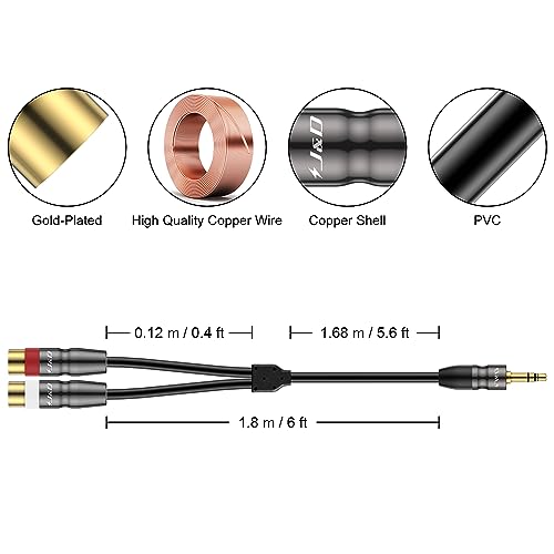 J&D 3.5 mm to Dual RCA Audio Cable, Heavy Duty 3.5mm Male to 2 RCA Female Gold Plated Copper Shell Stereo Audio Adapter Cable, 6 Feet - size: 6 Feet