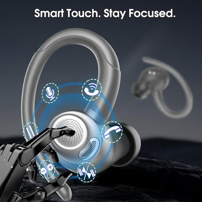 Wireless Sports Earbuds with Earhooks, 48H Deep Bass/ENC Mic Ear Bud Gray | Wireless Earphone with LED Display, Bluetooth 5.3 Headphones In Ear, IPX7 Waterproof Over Ear Buds for Running/Workout - color: Gray