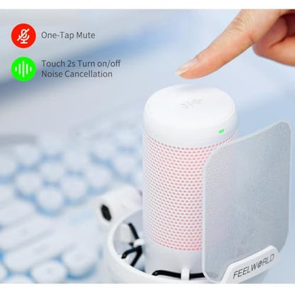 FEELWORLD VM1 USB Condenser Gaming Microphone for Streaming Noise Cancellation Mute RGB Light One-Key Mute Desktop Stand (White)
